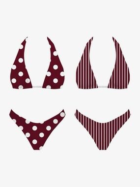 Reversible Burgundy Polka Dot & Stripe Bikini Set